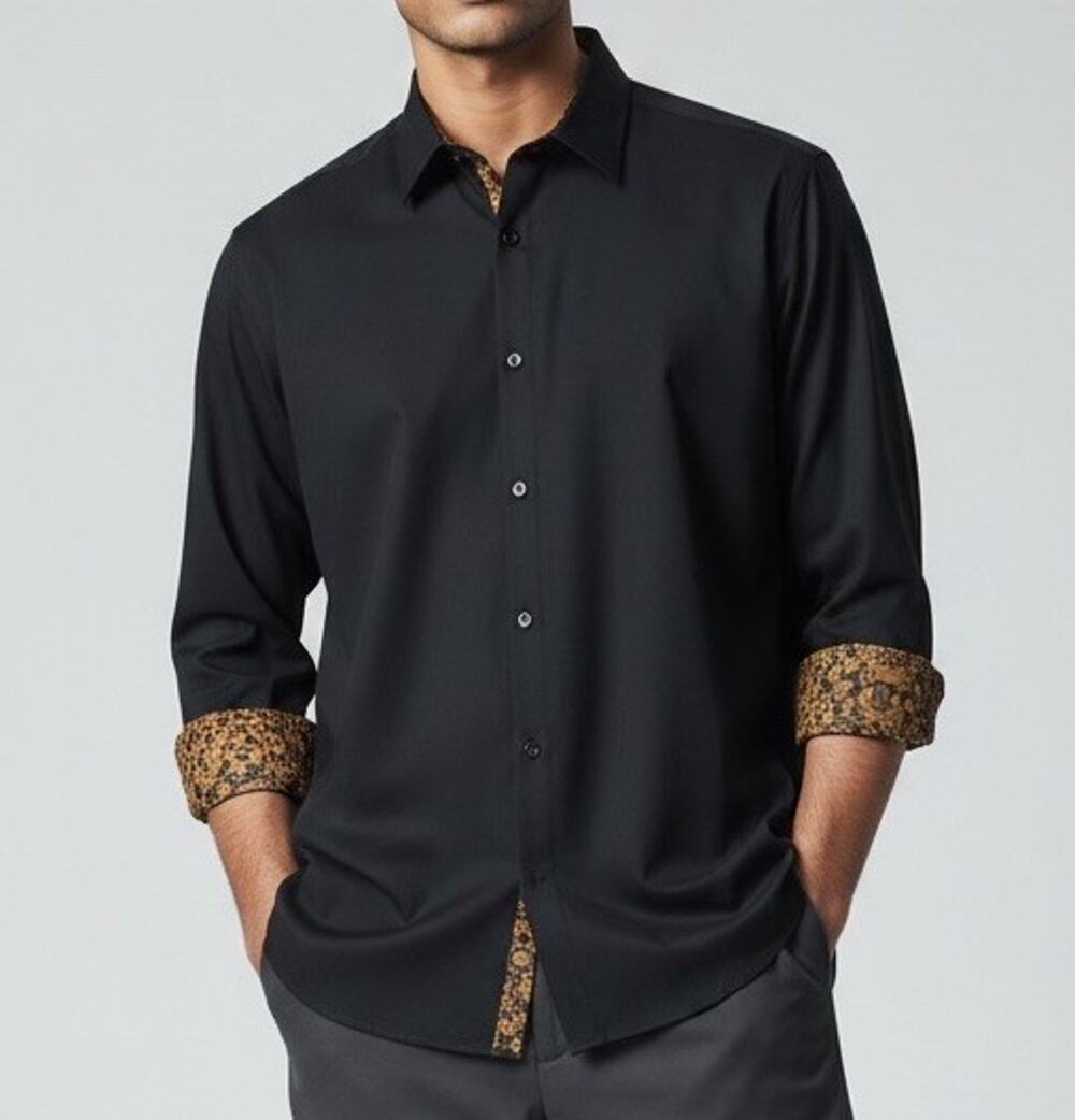 DiBanGu Men's Long Sleeve Dress Shirt Button Down Black Copper Details Size 2XL
